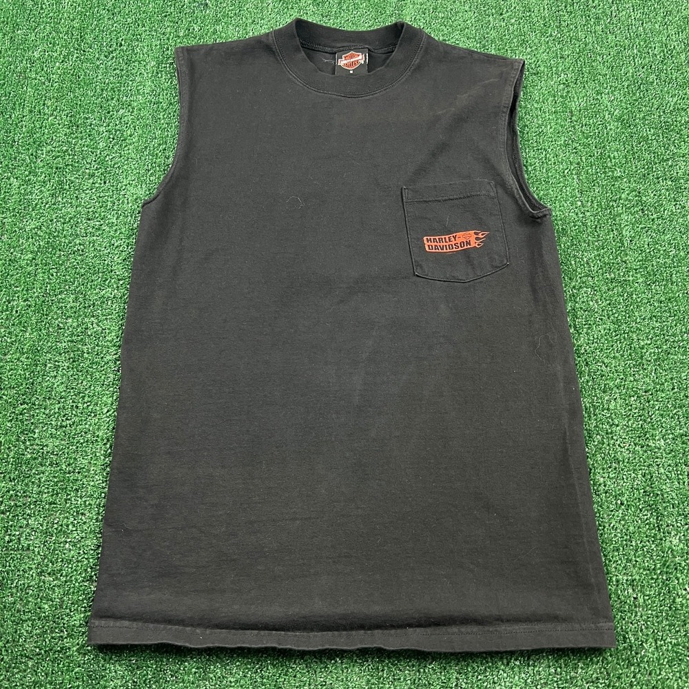 VTG Harley-Davidson Zylstra Elgin Illinois Pocket Sleevelss T-Shirt Medium Black